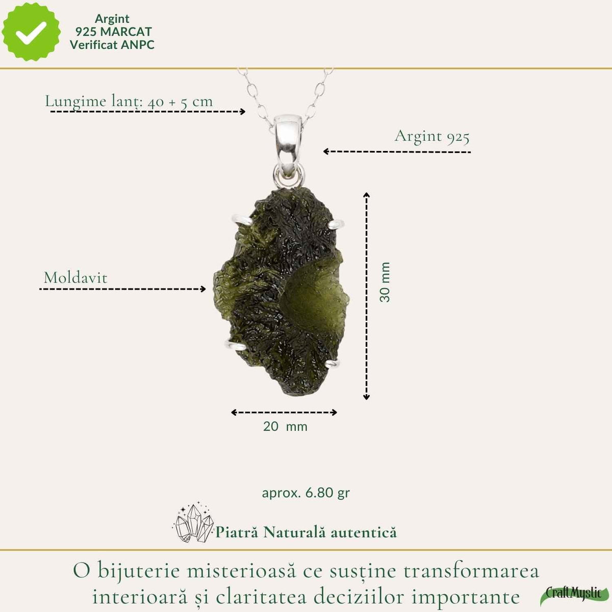 Colier cu Moldavit, Argint 925 – CraftMystic