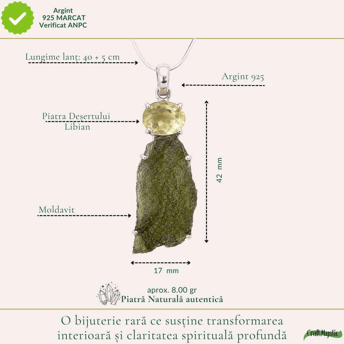 Colier cu Moldavit și Piatra Desertului, Argint 925 – CraftMystic