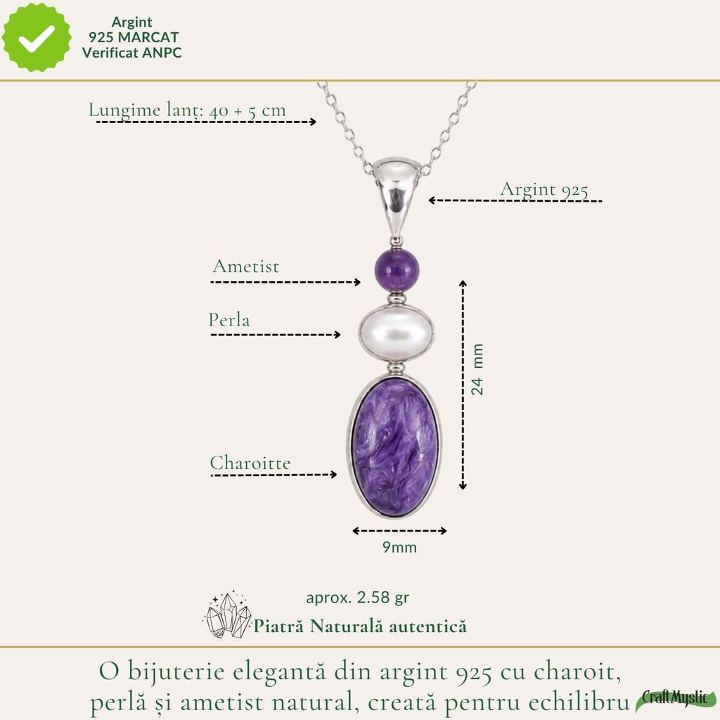 Colier cu Charoit, Perlă și alte cristale, Argint 925 – CraftMystic
