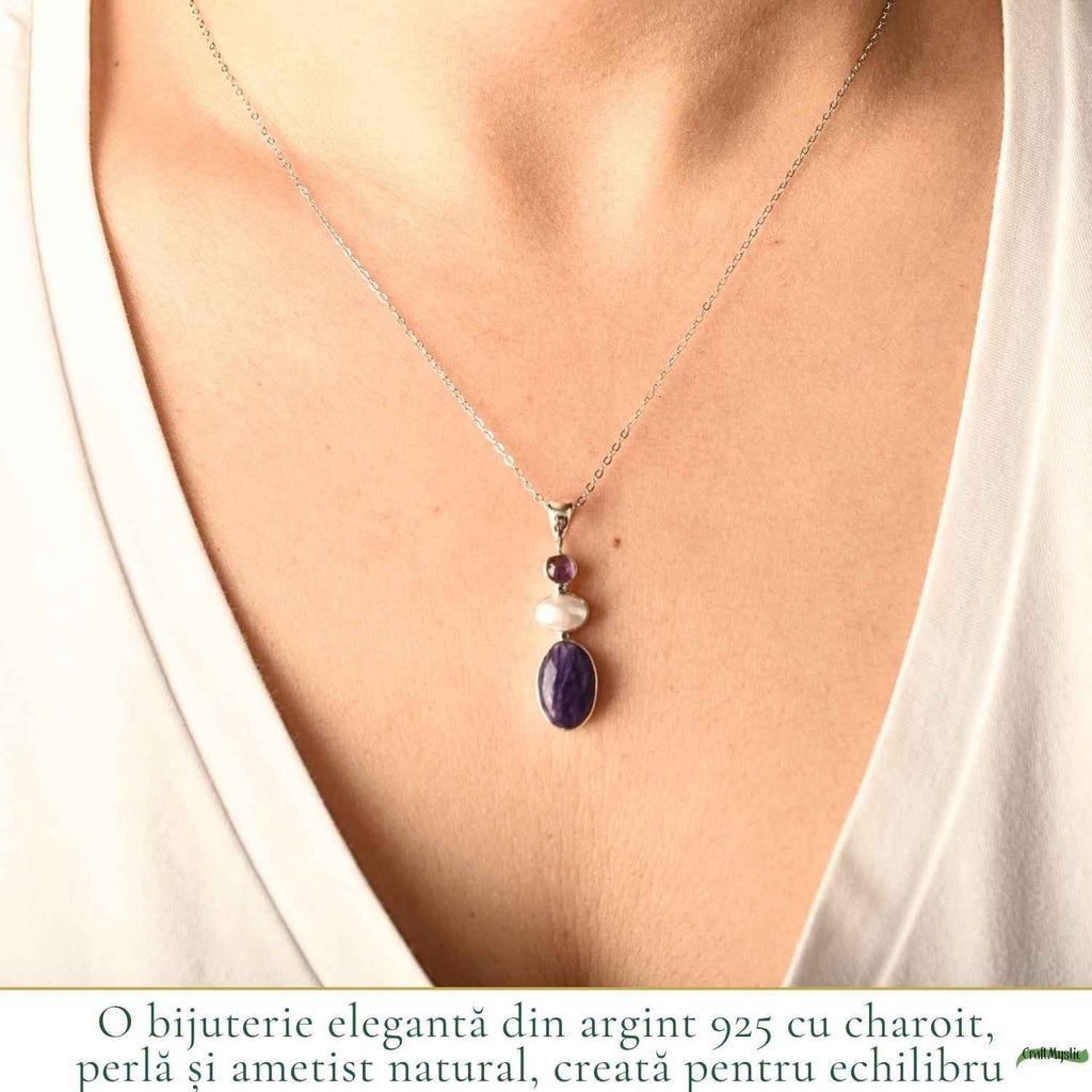 Colier cu Charoit, Perlă și alte cristale, Argint 925 – CraftMystic