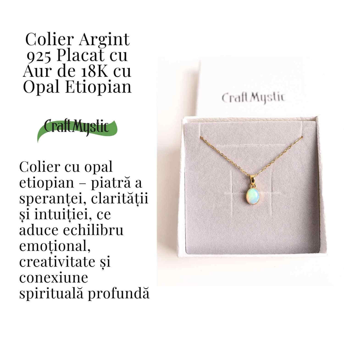 Colier cu lant inox si Opal Etiopian montura Argint 925 cu Aur 18K– Claritate si Intuitie