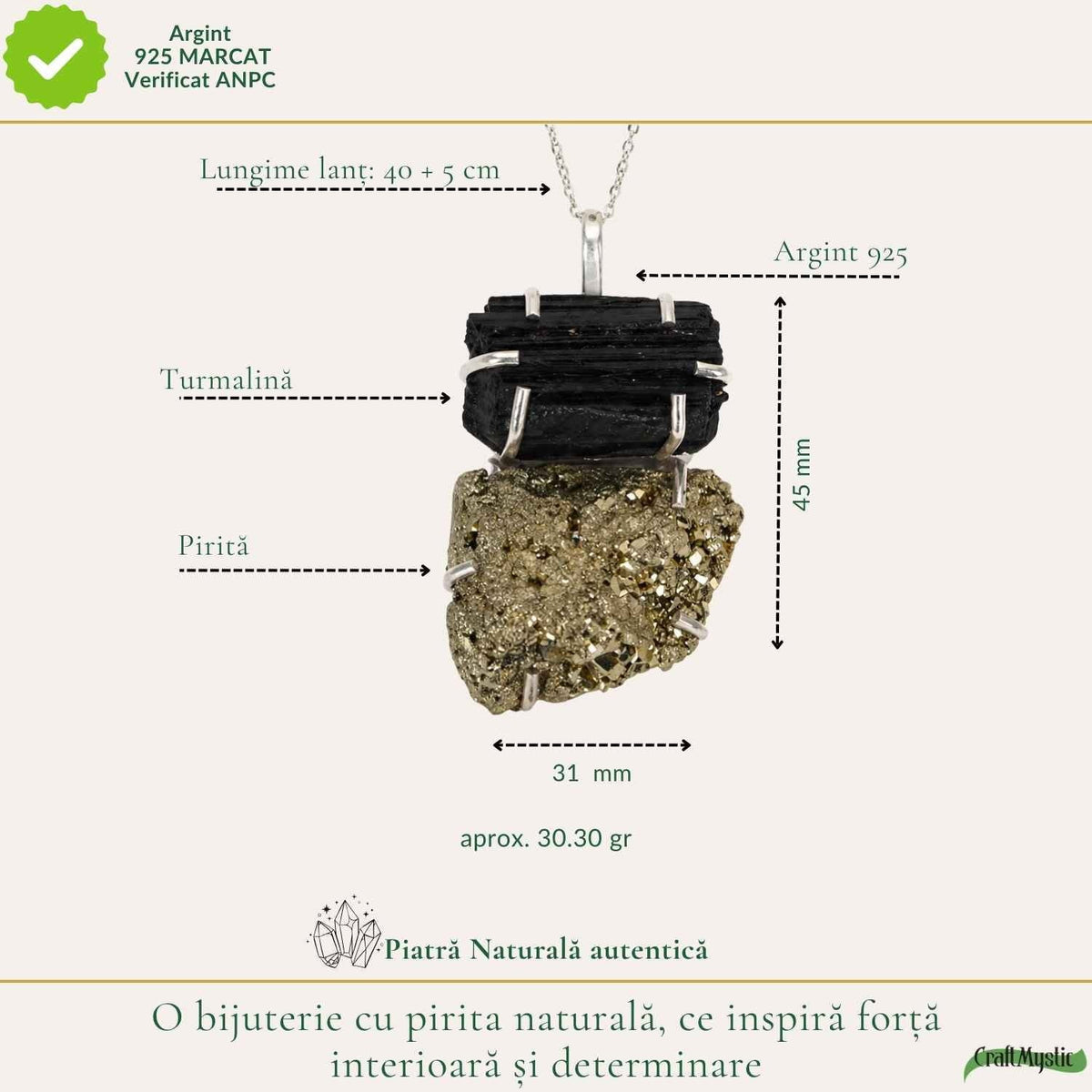 Colier cu Pirită și Turmalină – CraftMystic