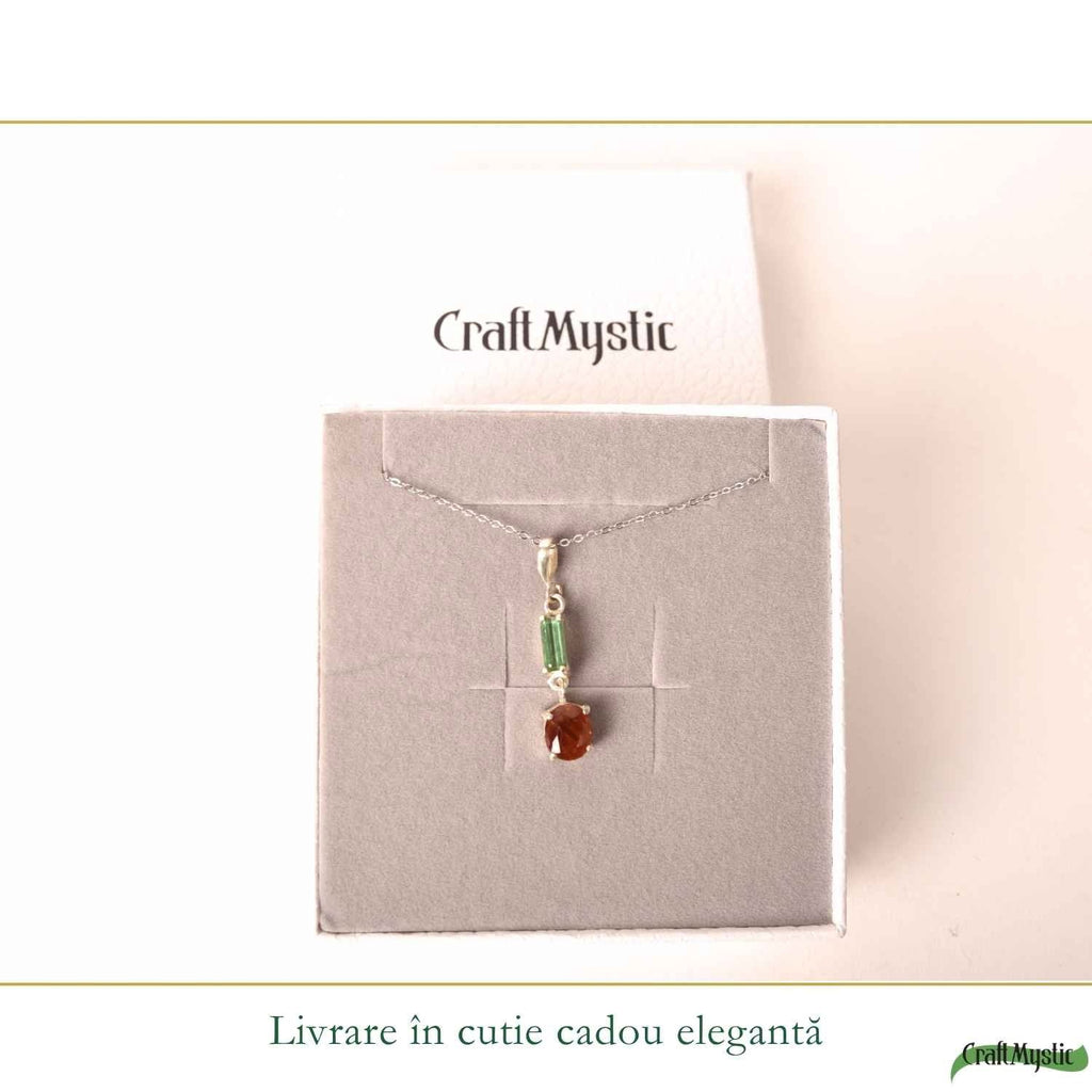 Colier Argint 925 cu Rubin si Turmalina Verde Naturala Oval si Dreptunghi – Iubire si Echilibru Interior