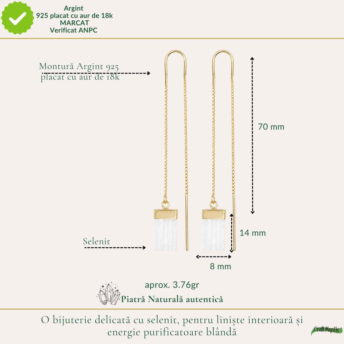 Cercei cu Selenit, Argint 925 placat aur 18k – CraftMystic