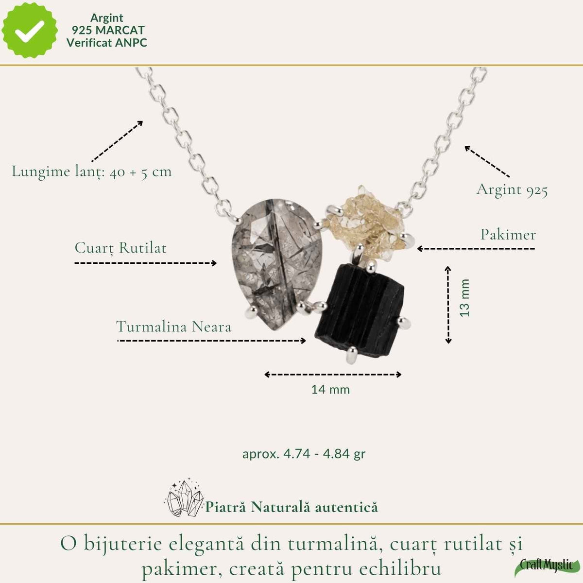 Colier cu Cuarț, Turmalină Neagră și alte cristale, Argint 925 – CraftMystic