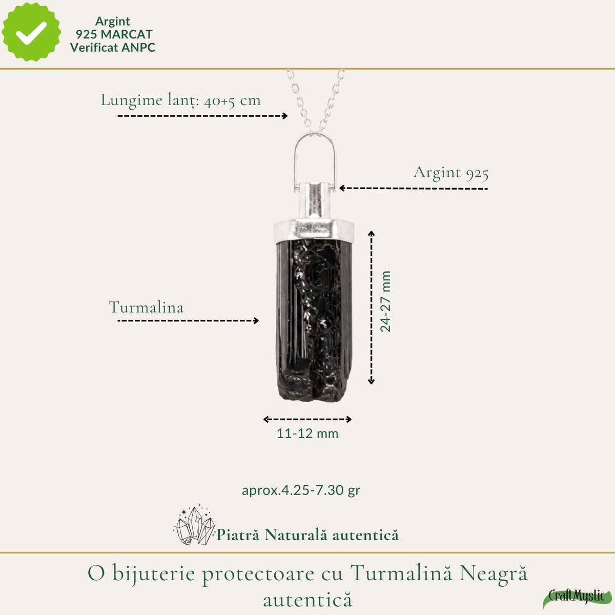 Colier cu Turmalină Neagră, Argint 925 – CraftMystic