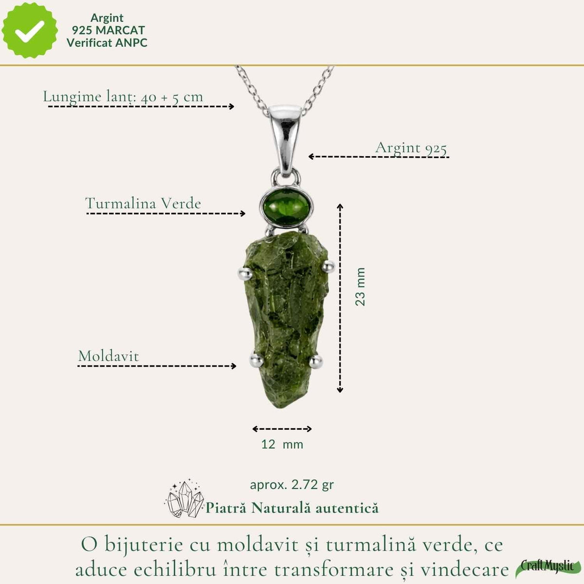 Colier cu Moldavit și Turmalină Verde – CraftMystic