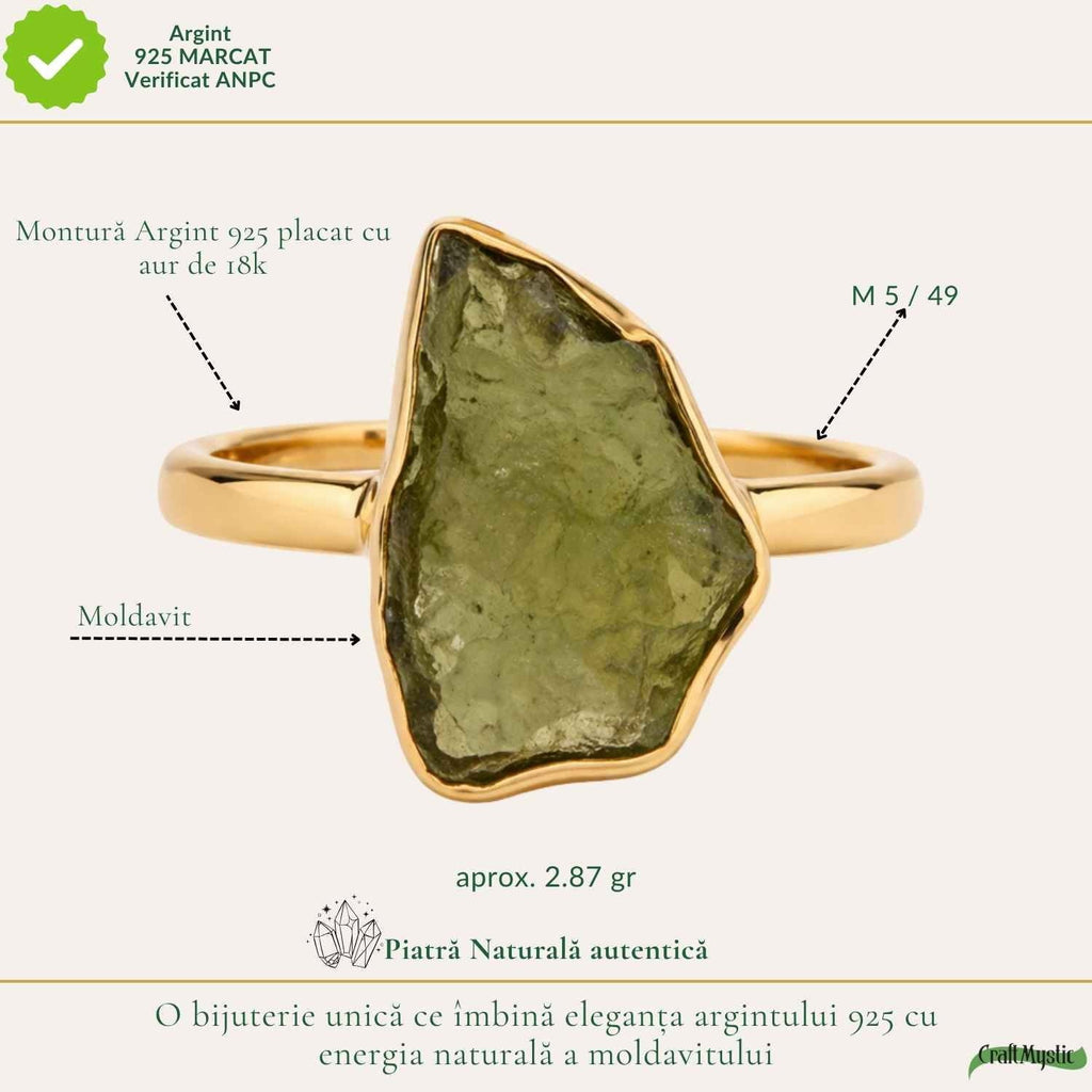 Inel cu Moldavit, Argint 925 placat aur 18k – CraftMystic