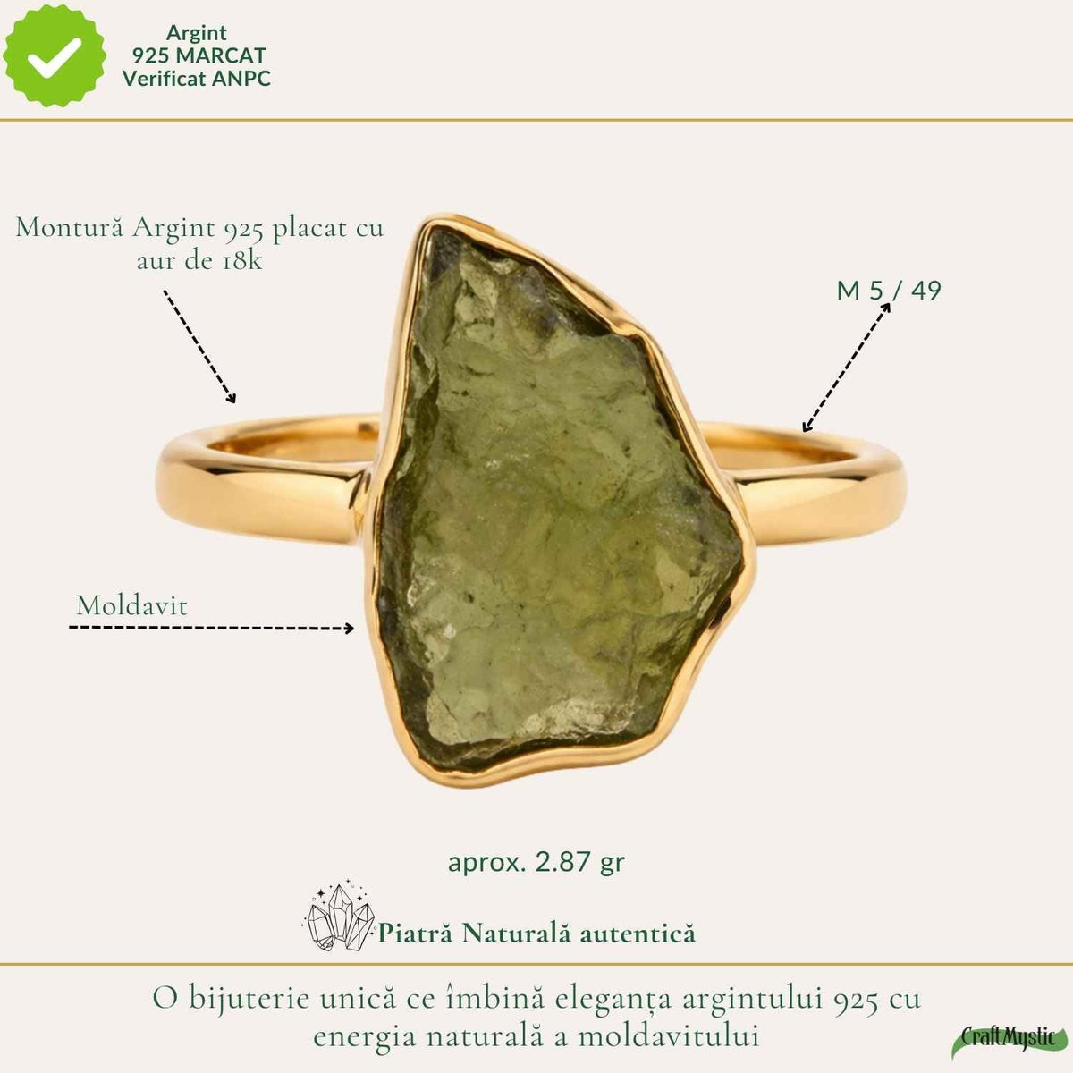 Inel cu Moldavit, Argint 925 placat aur 18k – CraftMystic