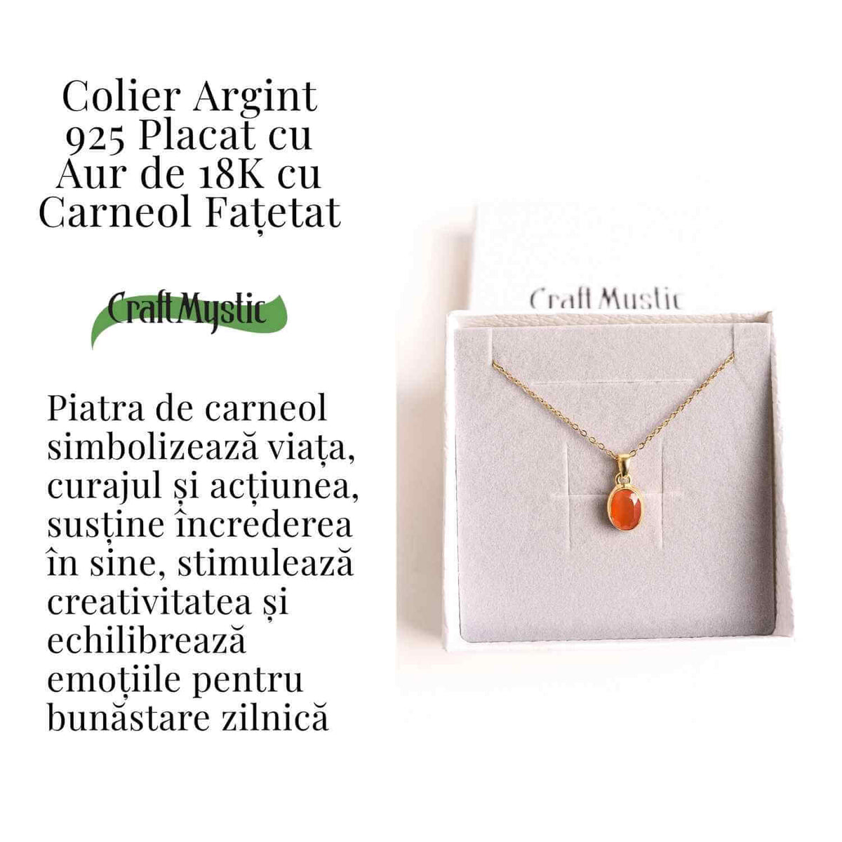 Colier cu lant inox cu Carneol Oval in montura Argint 925 Placat cu Aur 18K – Energie si Vitalitate Zilnica