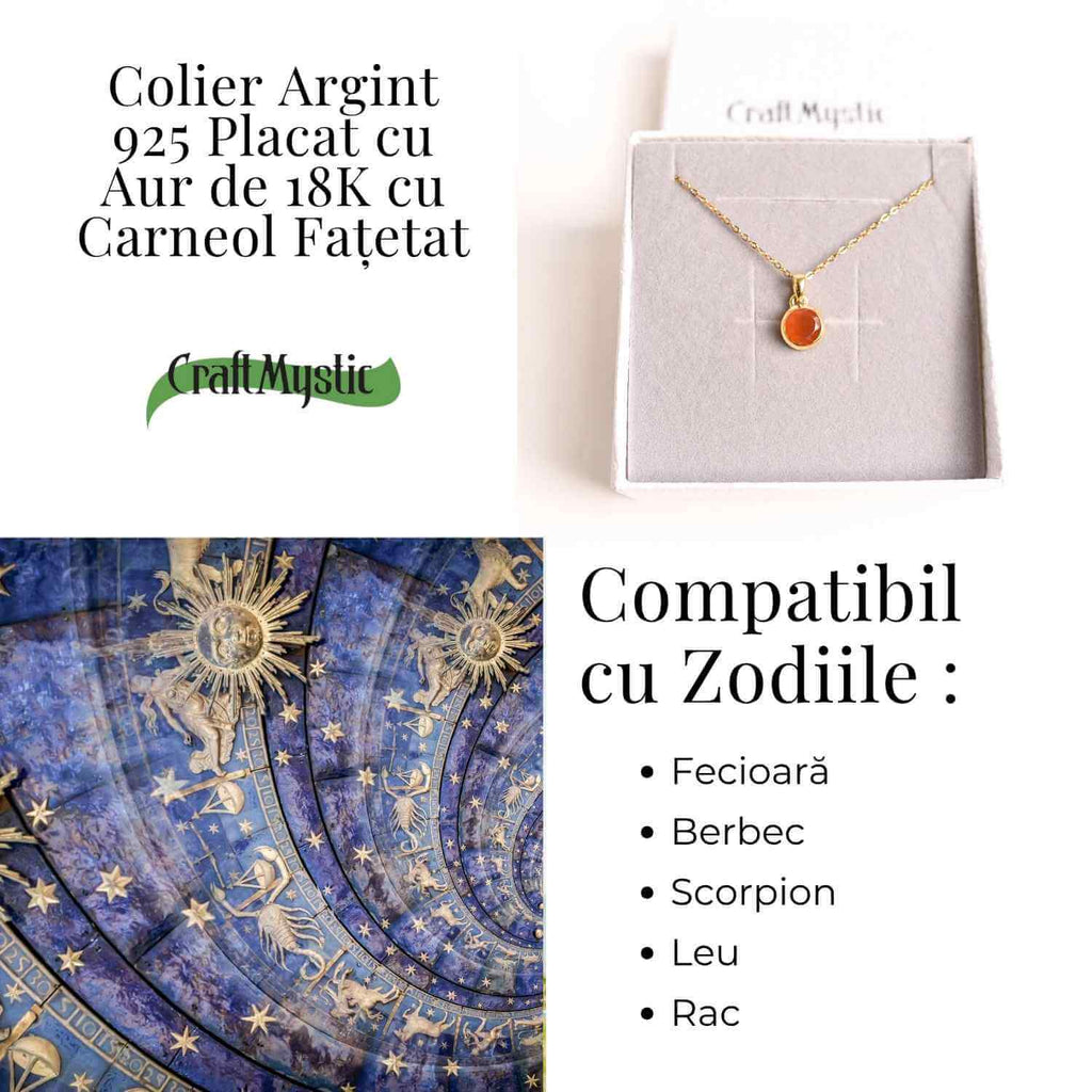Colier cu lant inox cu Carneol Rotund in montura Argint 925 Placat cu Aur 18K – Energie si Curaj Zilnic