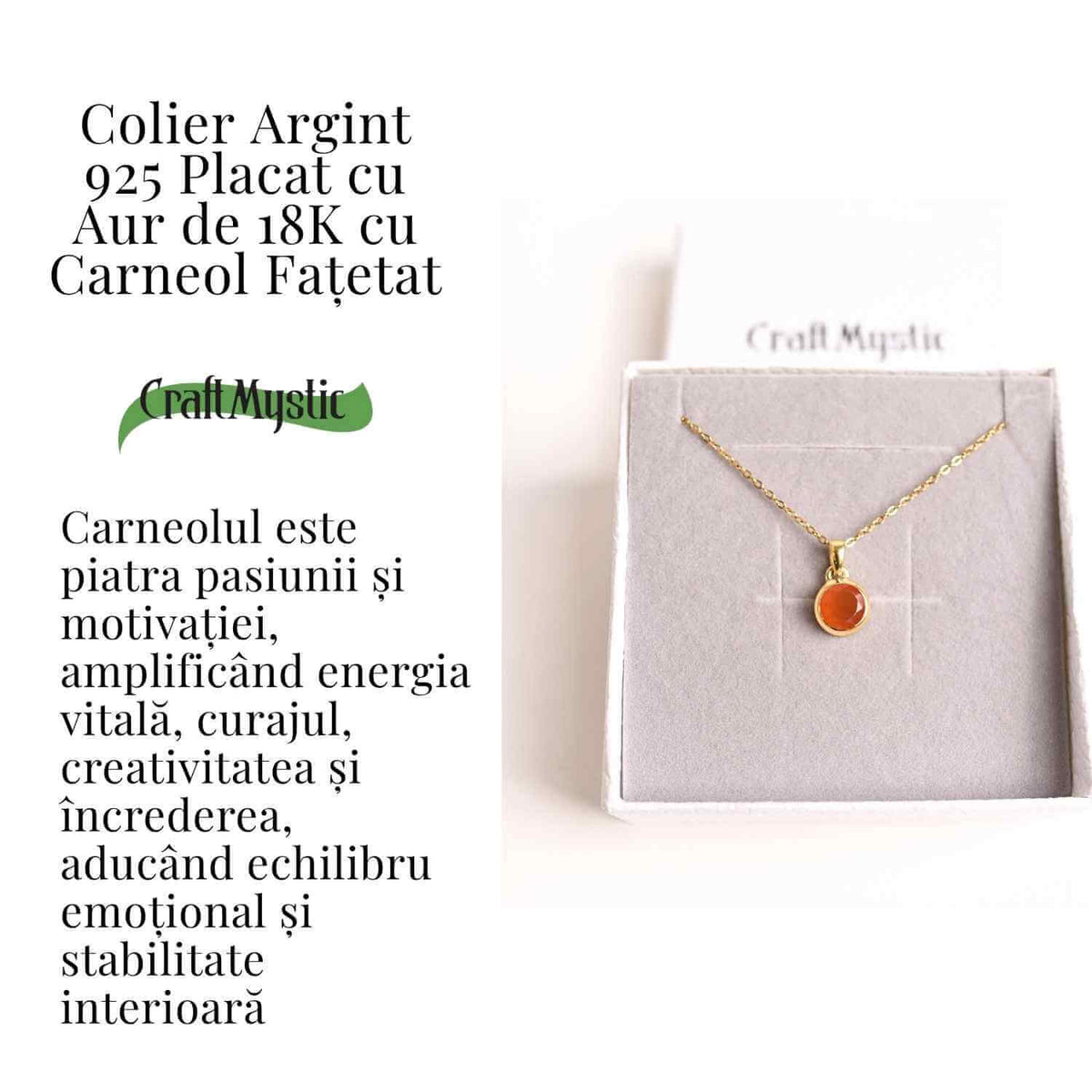 Colier cu lant inox cu Carneol Rotund in montura Argint 925 Placat cu Aur 18K – Energie si Curaj Zilnic