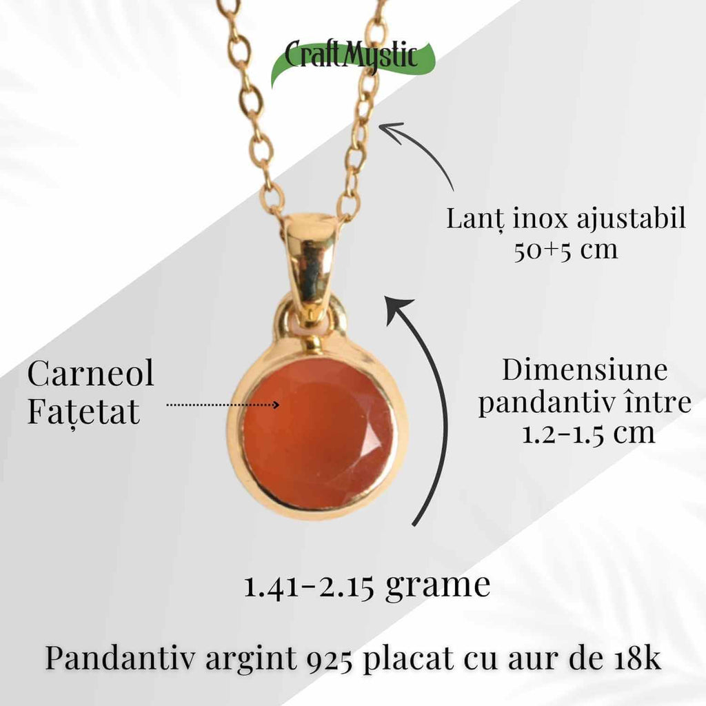 Colier cu lant inox cu Carneol Rotund in montura Argint 925 Placat cu Aur 18K – Energie si Curaj Zilnic