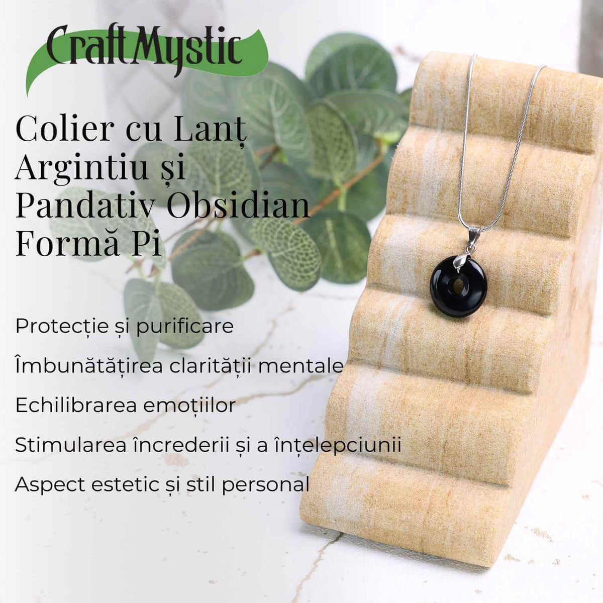 Colier Argintiu cu Obsidian Forma Pi