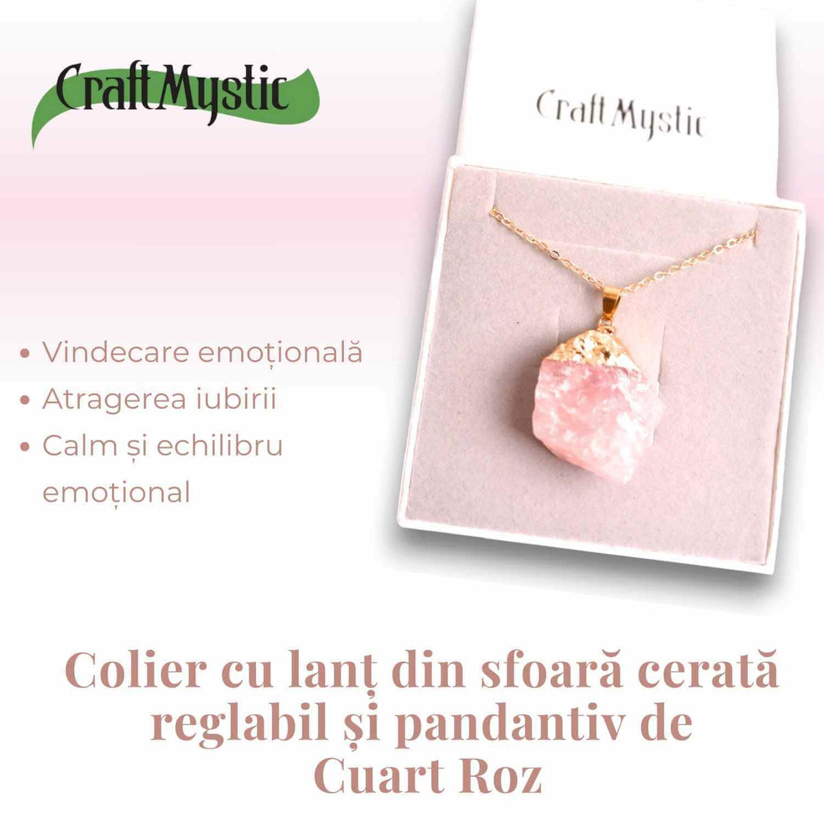 Colier auriu ajustabil cu pandantiv din Cuart Roz brut – Vindecare și Iubire