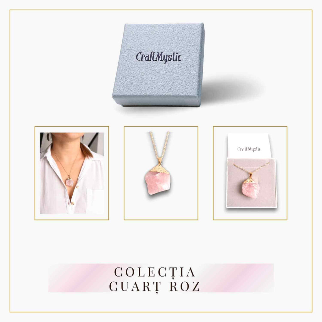 Colier auriu ajustabil cu pandantiv din Cuart Roz brut – Vindecare și Iubire