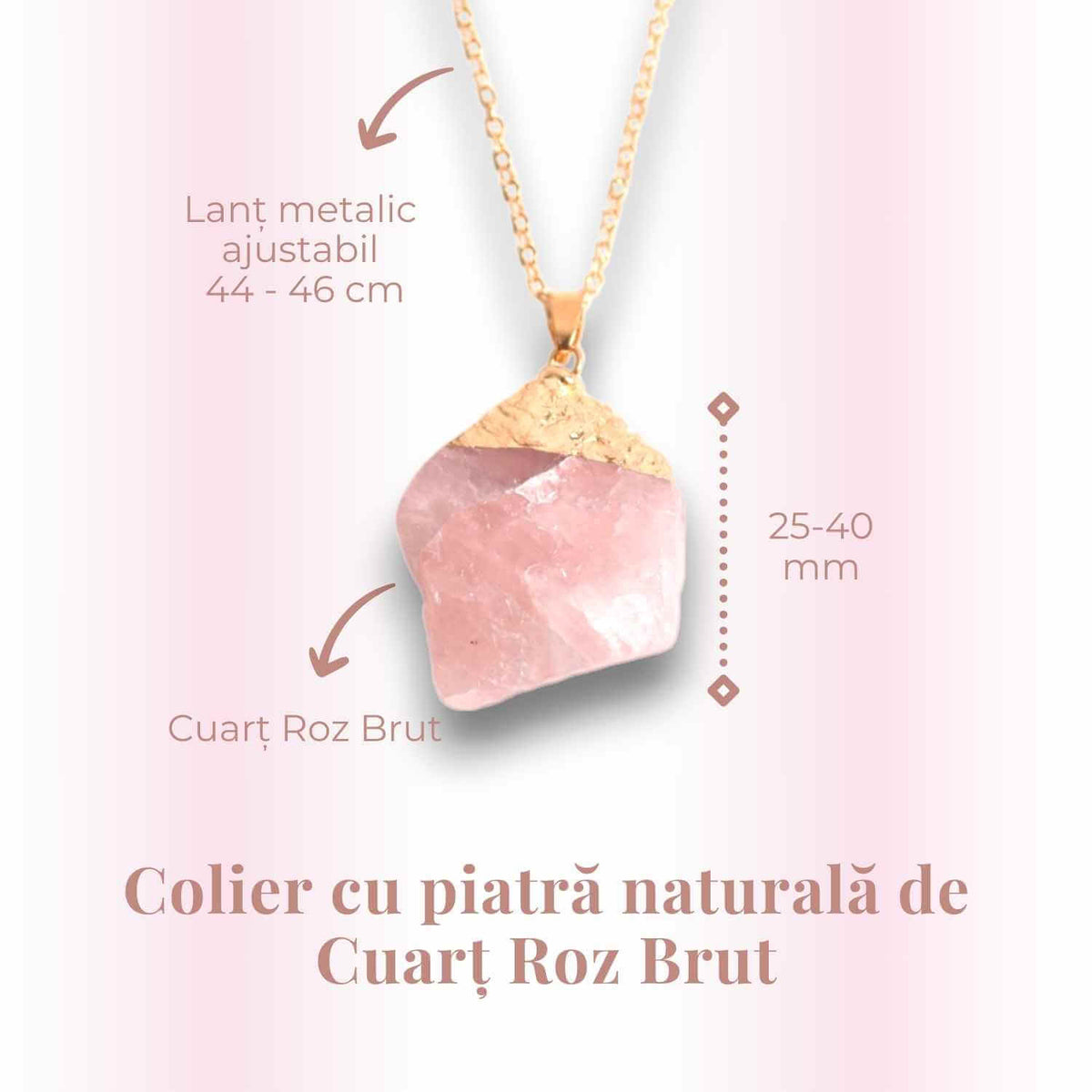 Colier auriu ajustabil cu pandantiv din Cuart Roz brut – Vindecare și Iubire