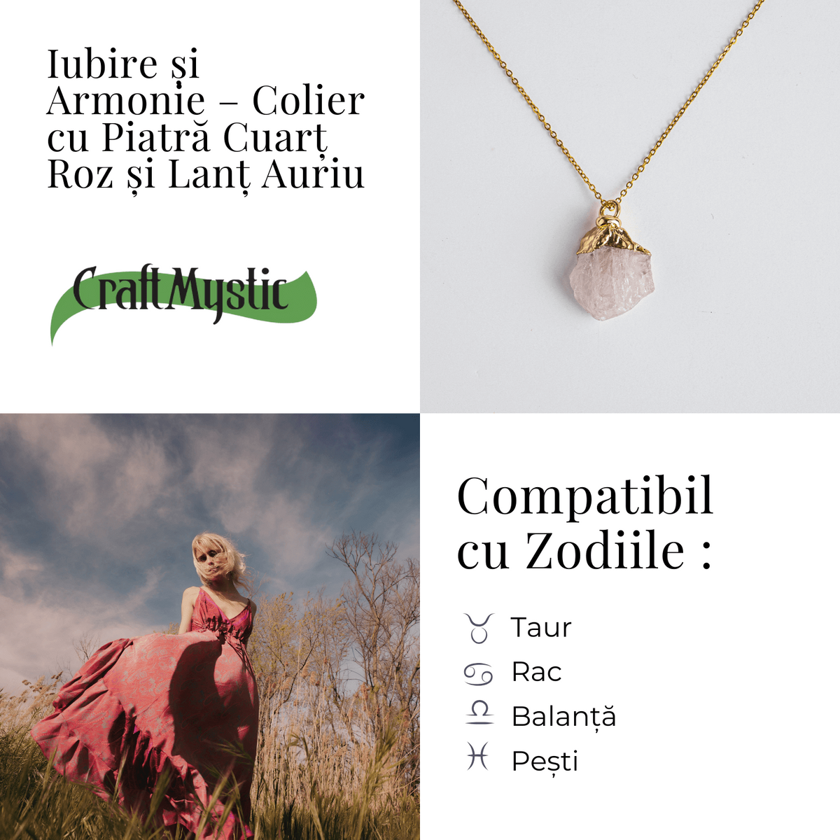 Iubire si Armonie – Colier cu Piatra Cuart Roz si Lant Auriu
