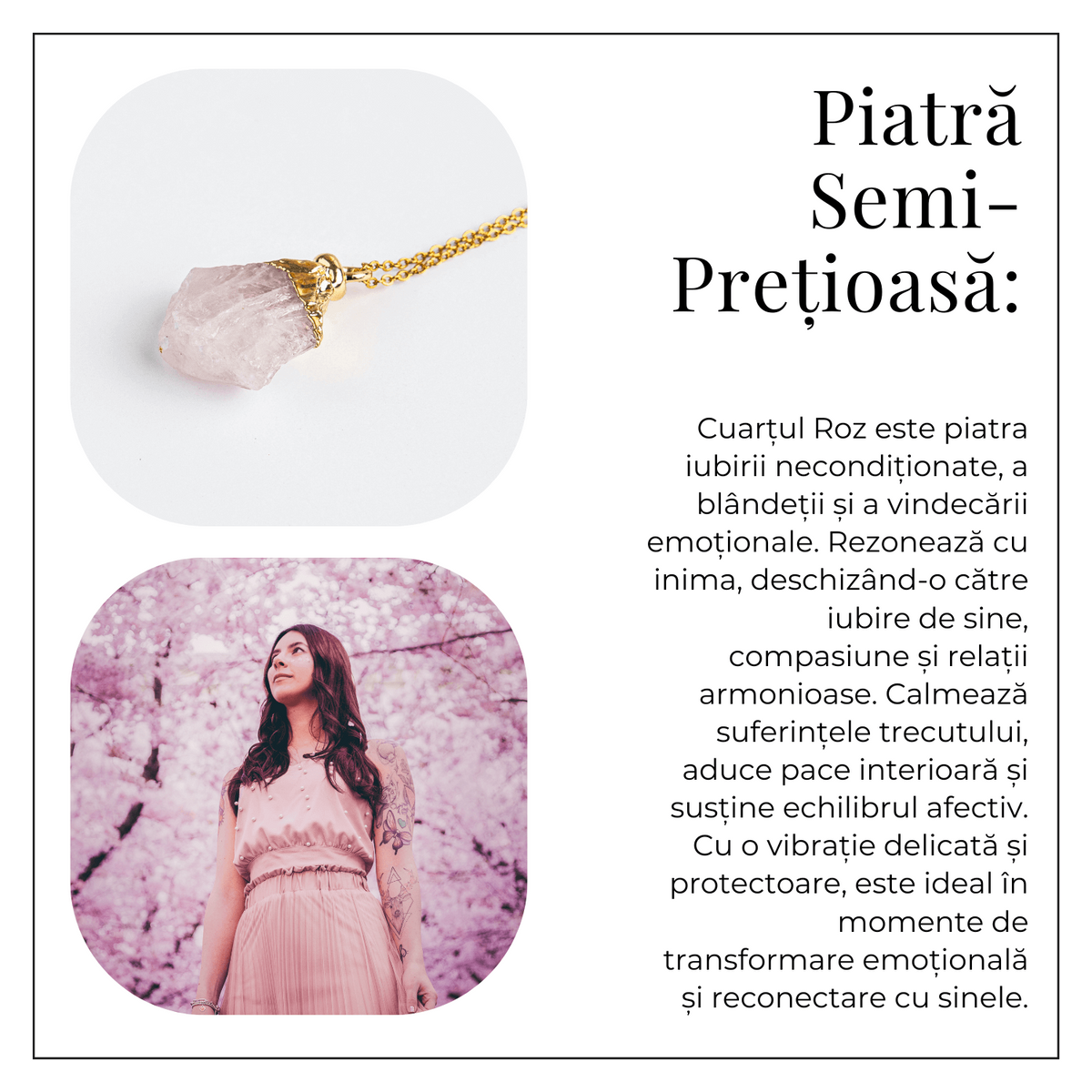 Iubire si Armonie – Colier cu Piatra Cuart Roz si Lant Auriu