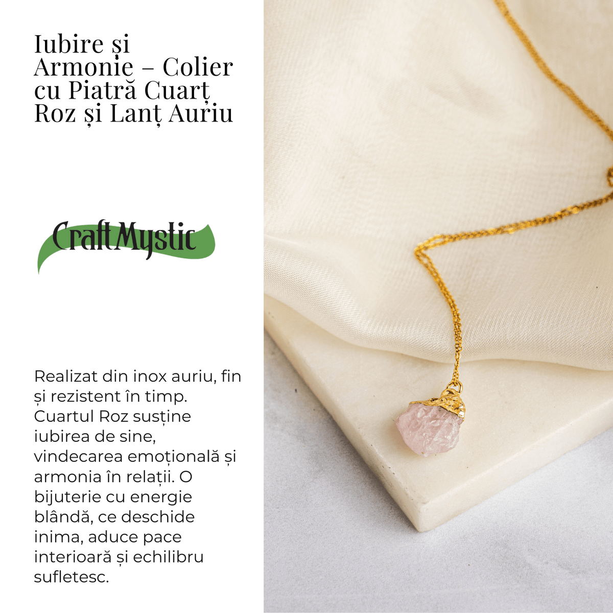 Iubire si Armonie – Colier cu Piatra Cuart Roz si Lant Auriu