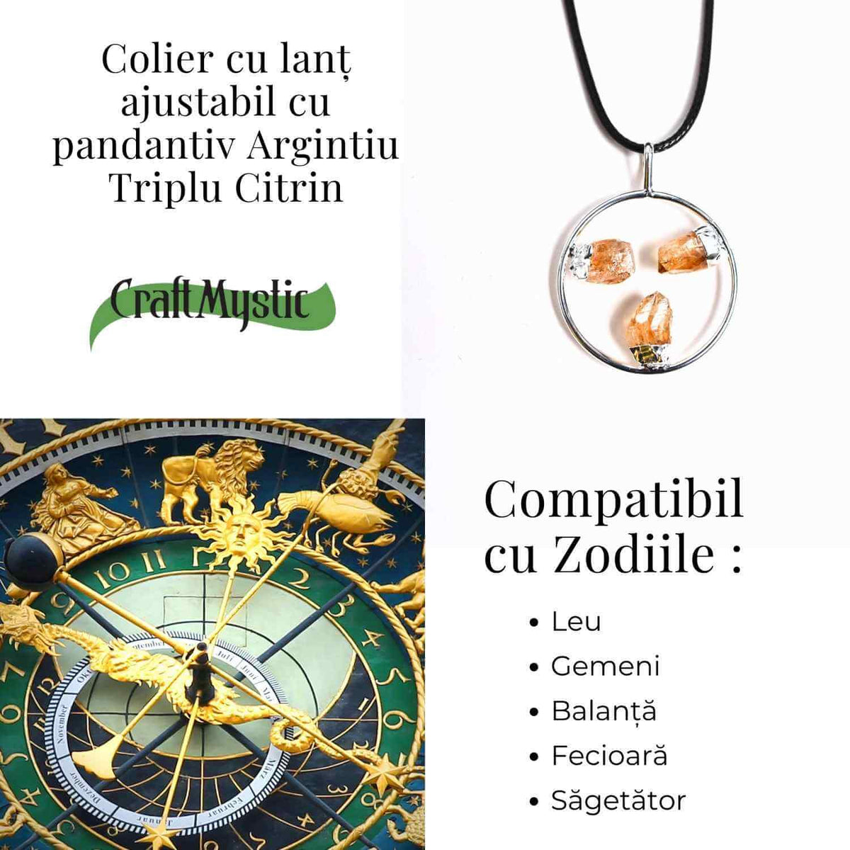 Colier cu pandantiv rotund si 3 pietre de Citrin – Abundenta si Energie Pozitiva