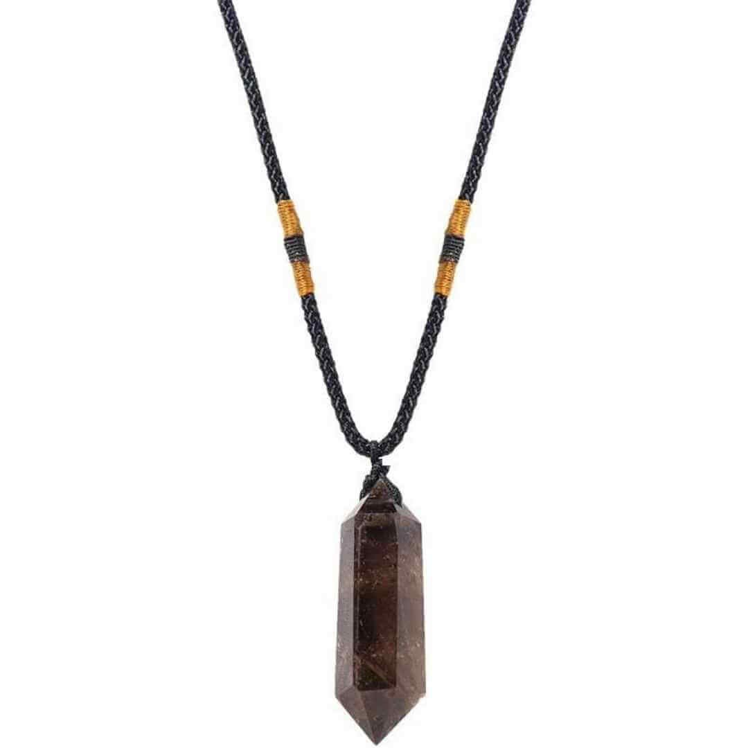 Colier cu cristal vindecator Obsidian 4-5 cm, in forma hexagonala cu dublu varf si saculet satin negru – pentru protectie, vointa si noroc