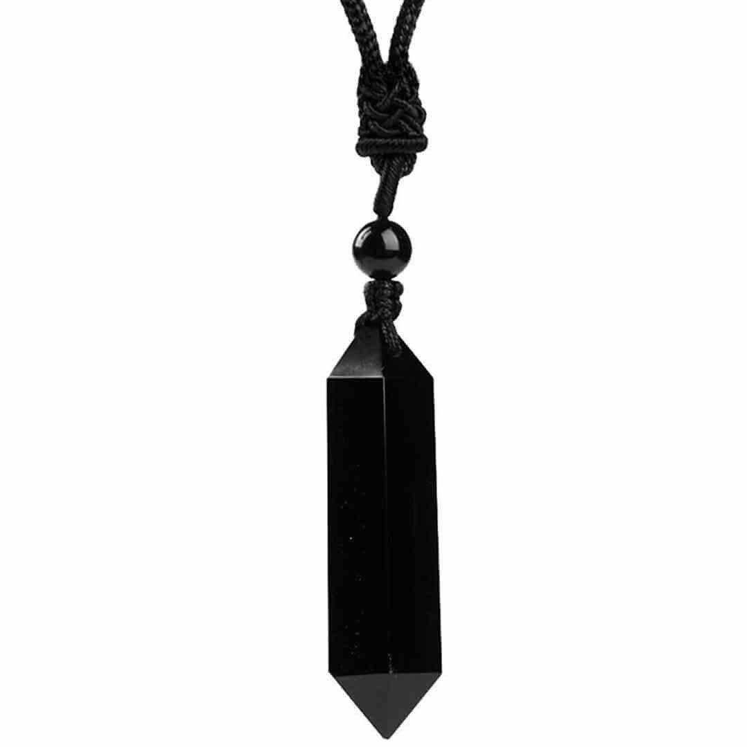 Colier cu cristal vindecator Obsidian Negru, in forma hexagonala cu dublu varf si franghie neagra ajustabila – pentru protectie, stabilitate si armonie