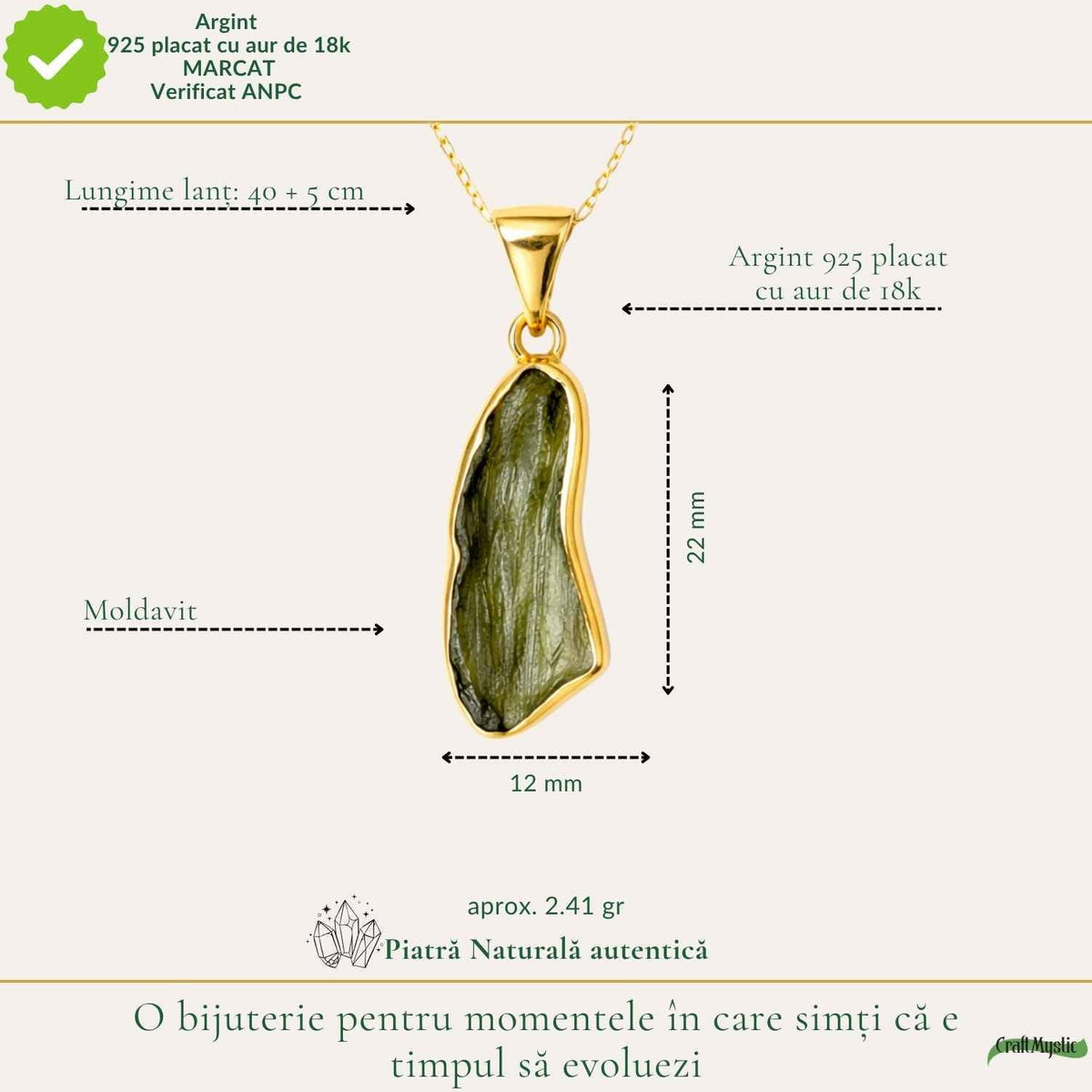 Colier cu Moldavit, Argint 925 placat aur 18k – CraftMystic