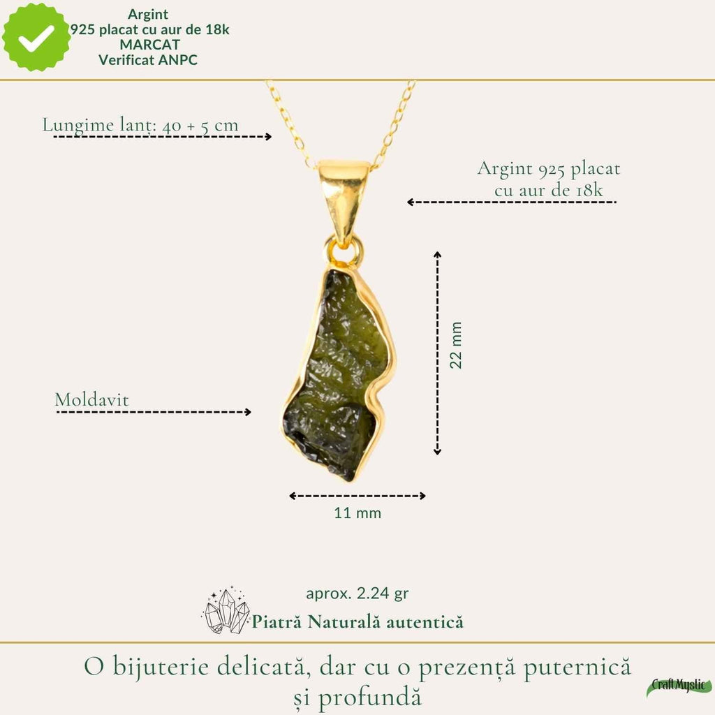 Colier cu Moldavit, Argint 925 placat aur 18k – CraftMystic