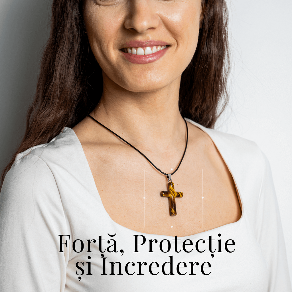 Colier cu Ochi de Tigru Natural in Forma de Cruce – Protectie si Echilibru Energetic
