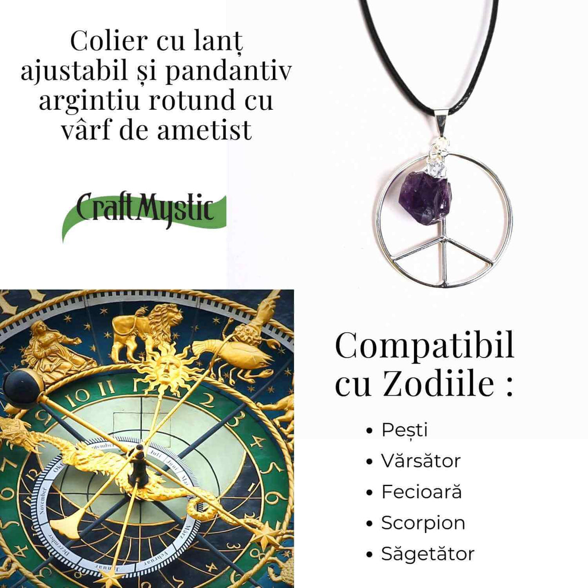 Colier cu Ametist în forma de Semnul Pacii – Liniste si Claritate