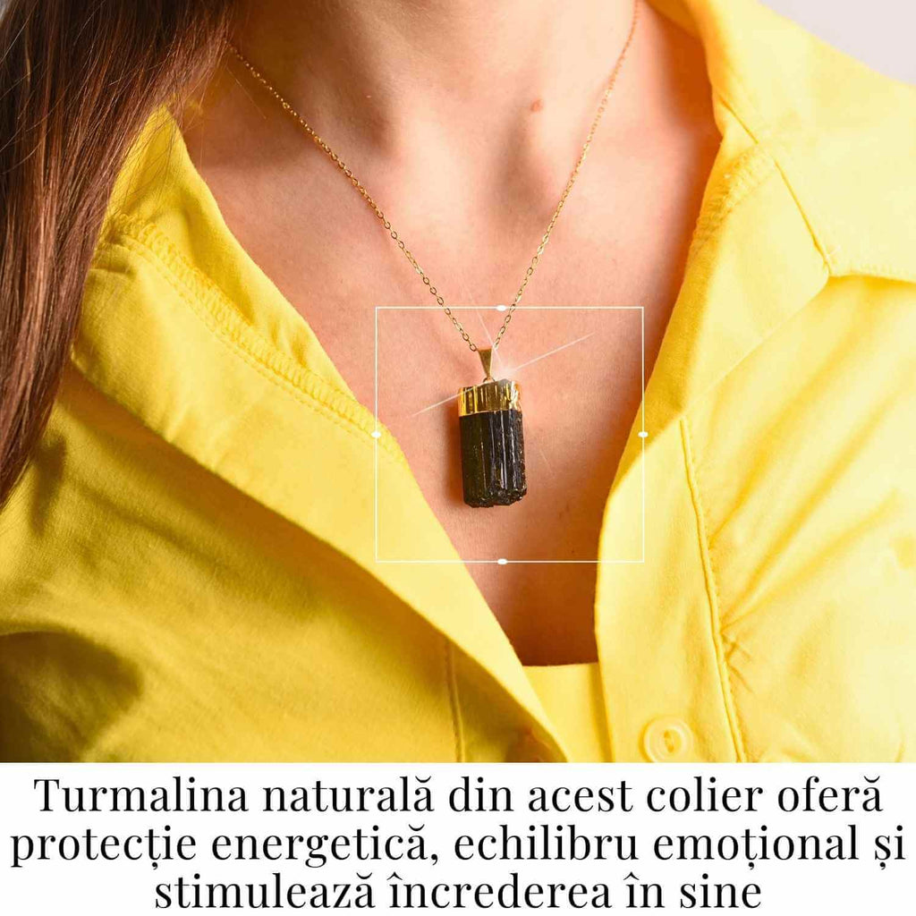 Colier auriu cu pandantiv si Turmalina Neagra cu lant inox – Protectie si Eleganta Naturala