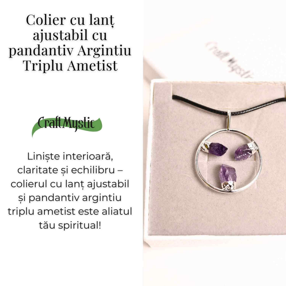 Colier cu pandantiv rotund si 3 pietre varf Ametist – Claritate si Eleganta Naturala