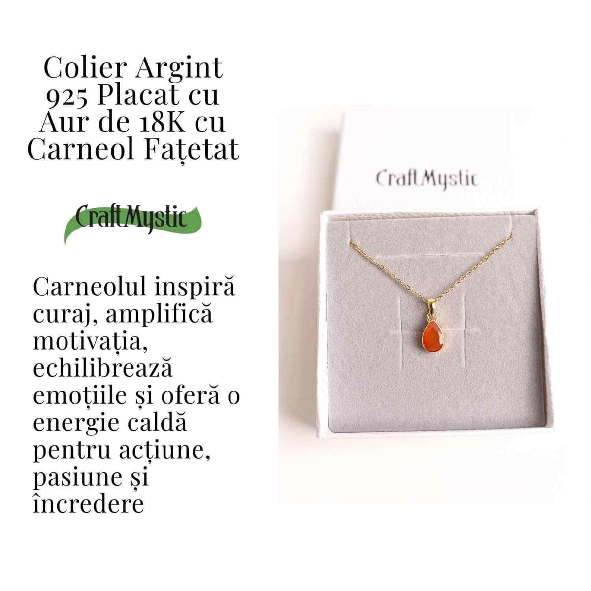Colier cu lant inox cu Carneol Lacrima in montura Argint 925 Placat cu Aur 18K – Curaj si Energie Interioara