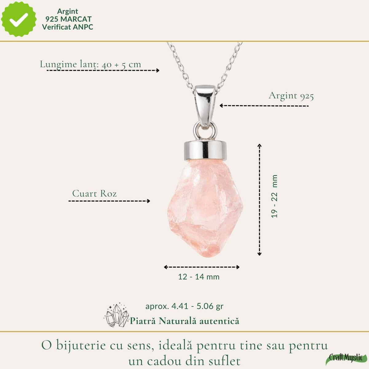 Colier cu Cuarț Roz, Argint 925 – CraftMystic