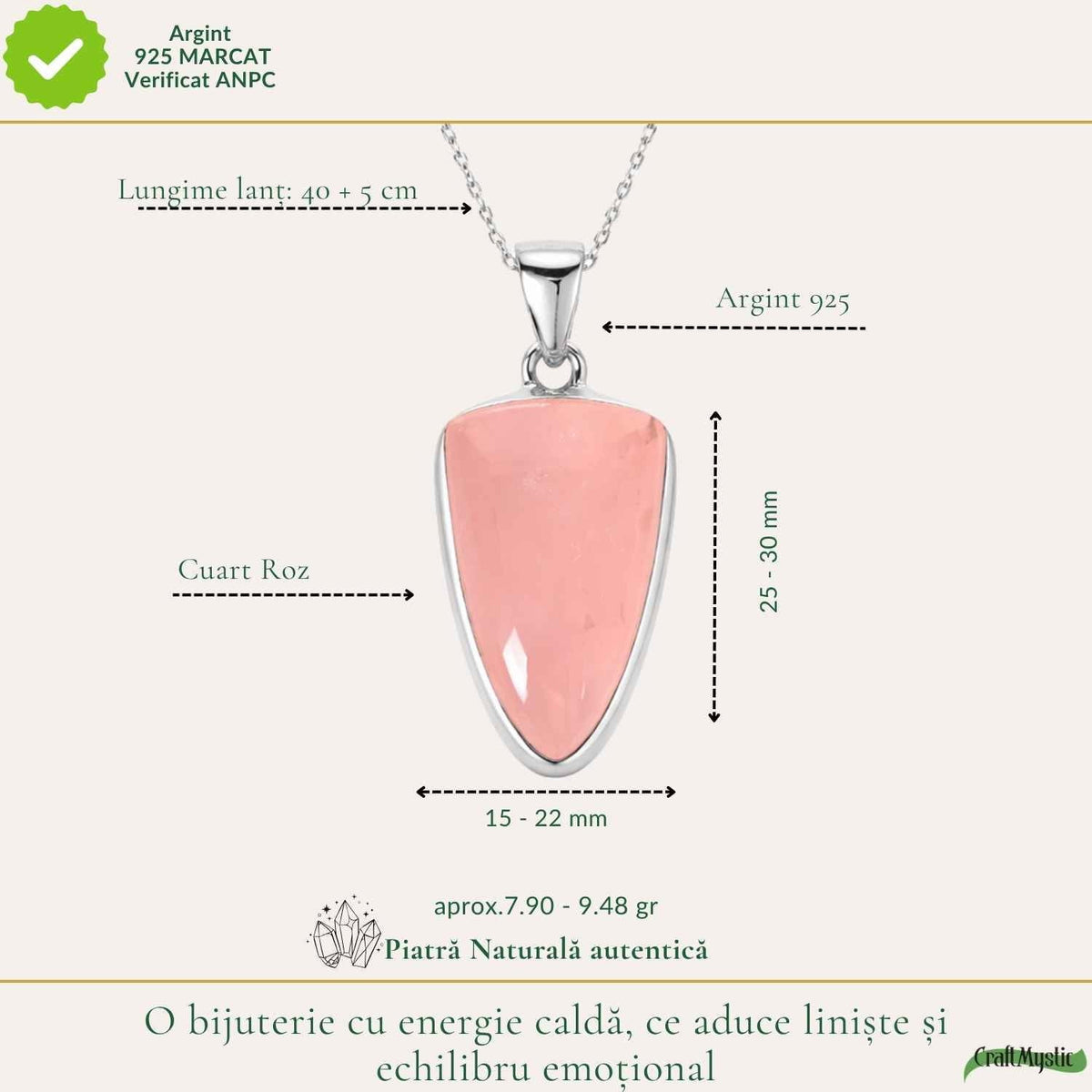 Colier cu Cuarț Roz, Argint 925 – CraftMystic