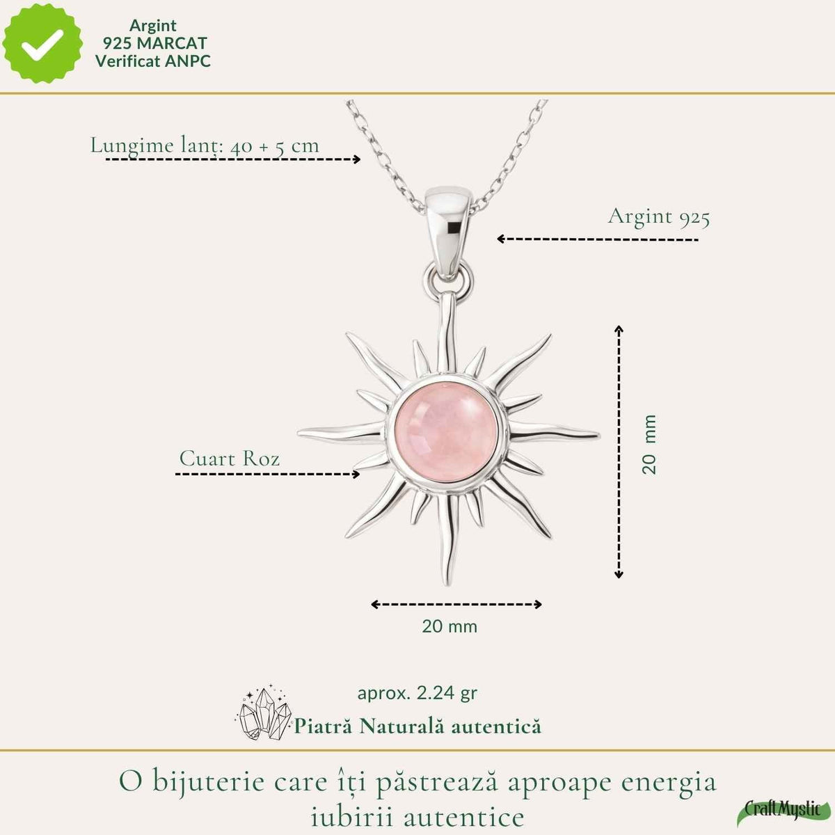 Colier cu Cuarț Roz, Argint 925 – CraftMystic