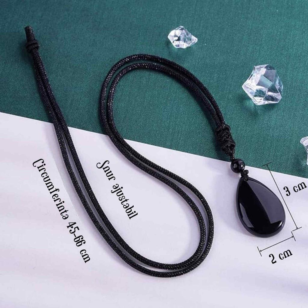 Colier din Cristal Obsidian in Forma de Lacrima Bijuterie Manuala cu Snur Reglabil pentru Barbati si Femei