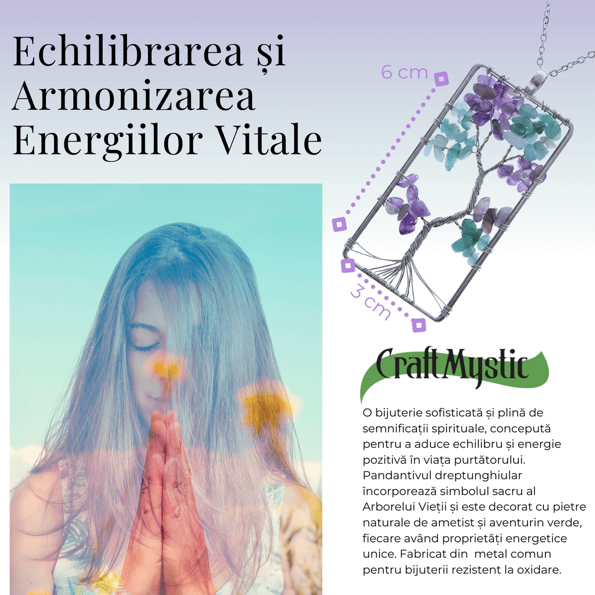 Colier ajustabil cu arborele vietii din ametist si aventurin verde - Armonie si Echilibru