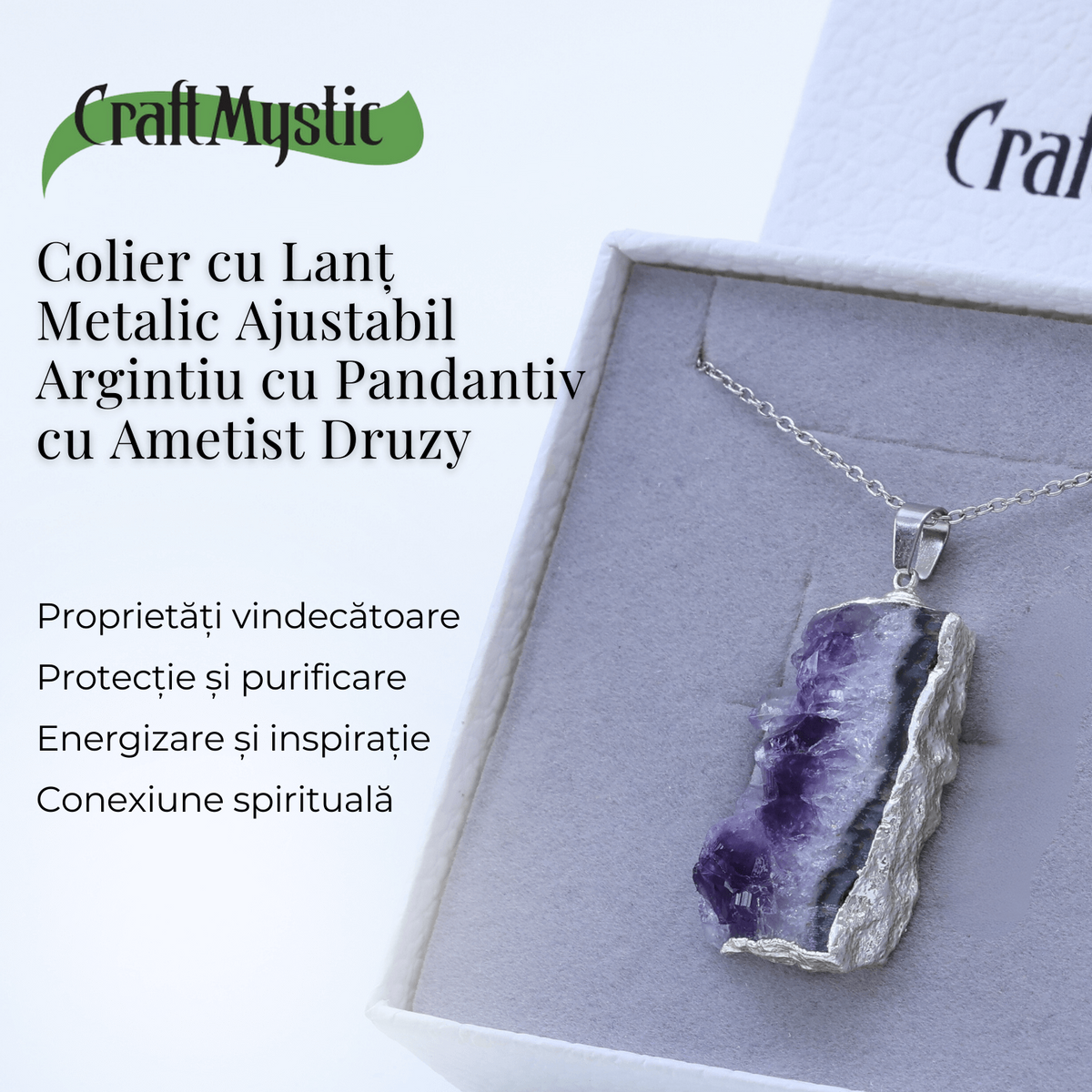 Colier argintiu cu ametist druzy - Claritate si Vindecare
