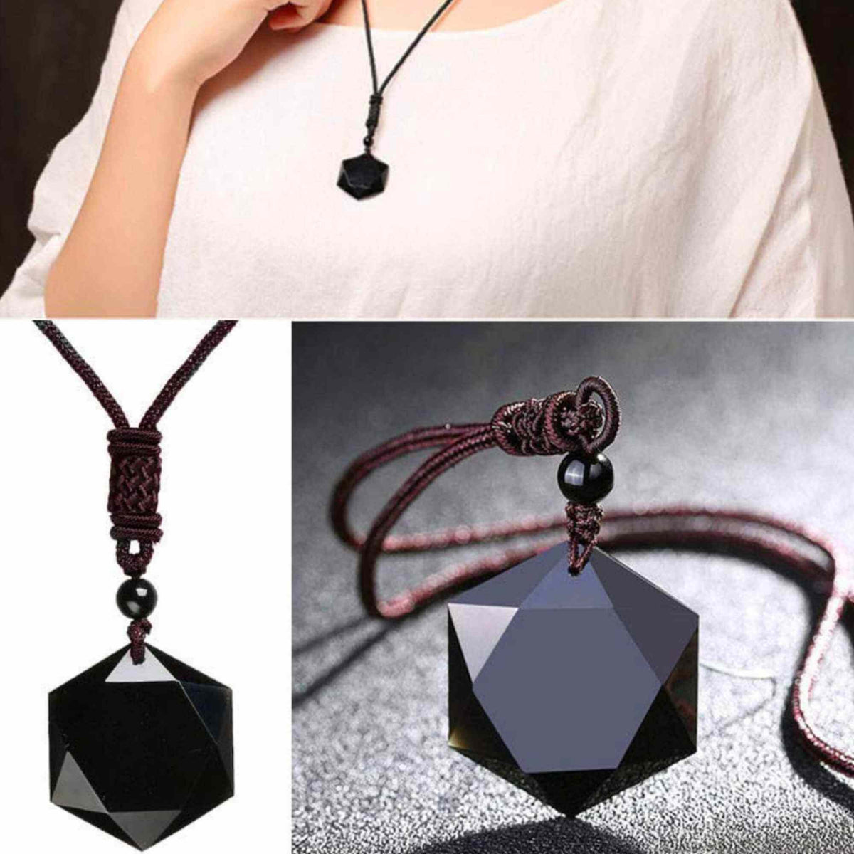 Colier hexagrama realizat din obsidian negru natural - Cristal care protejeaza de afectarea cu energii negative