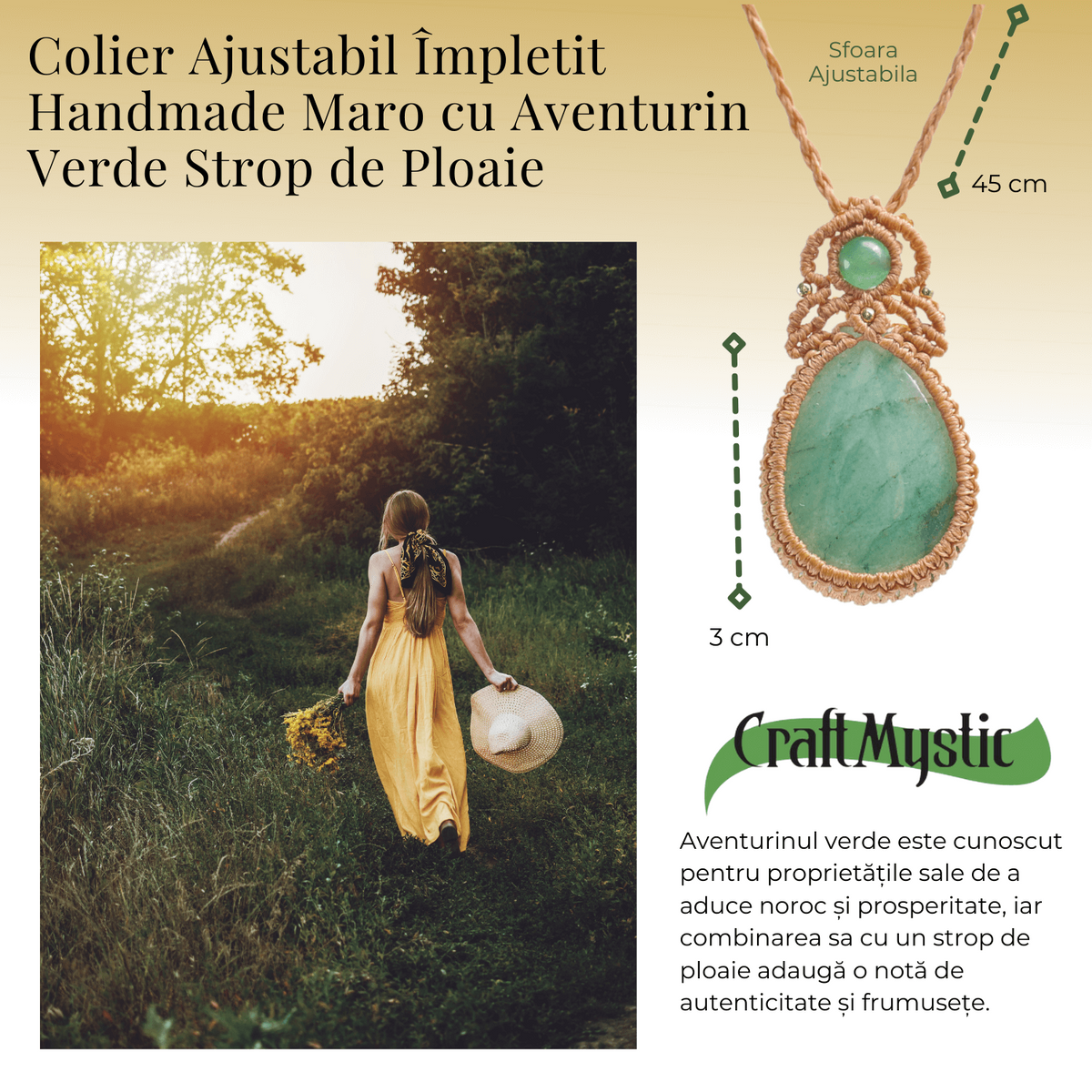 Colier Ajustabil Handmade cu Aventurin Verde "Strop de Ploaie" – Maro, Lungime Maxima 45 cm
