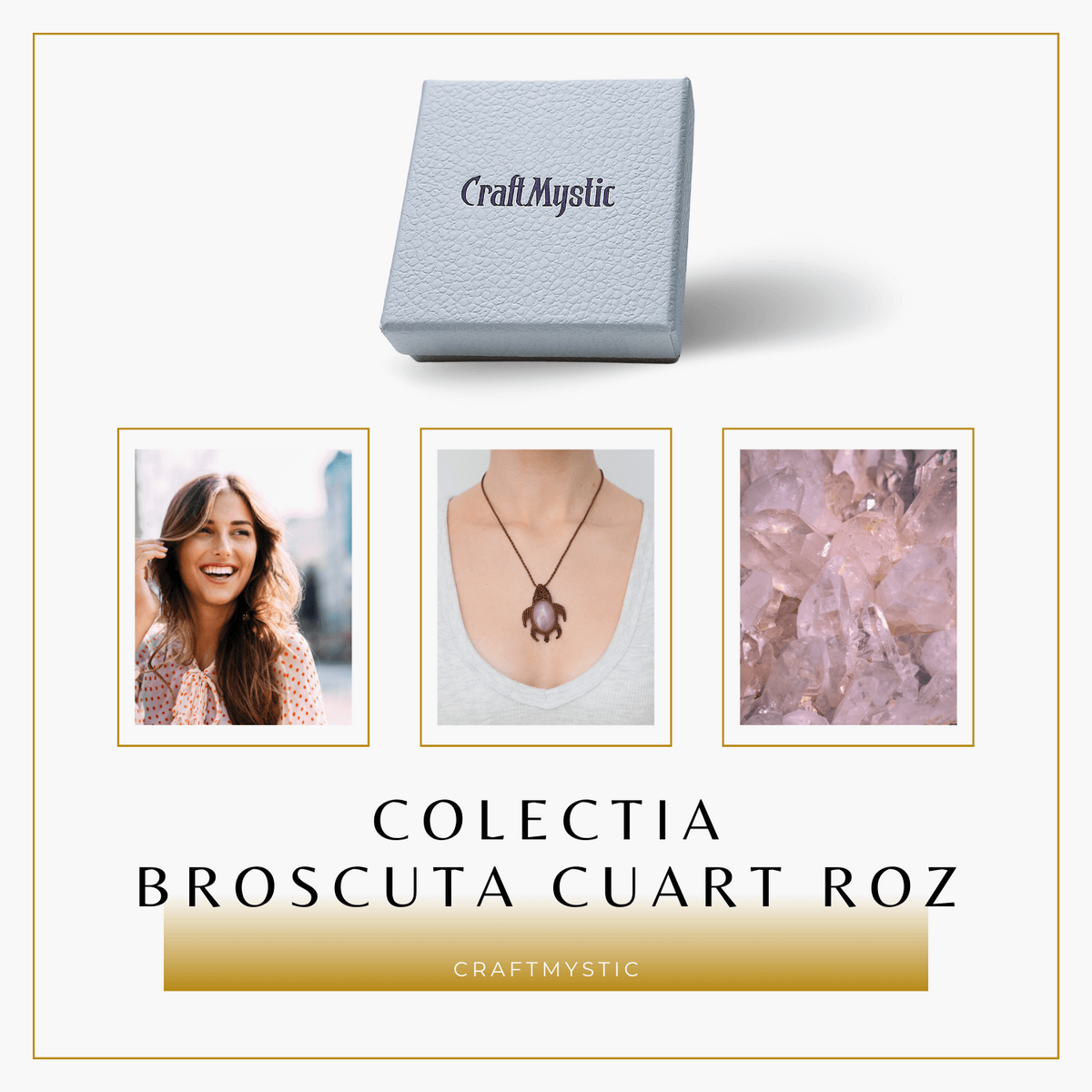 Colier Ajustabil Handmade cu Cristal de Cuart Roz in Broscuta Impletita – Lungime Maxima 45 cm