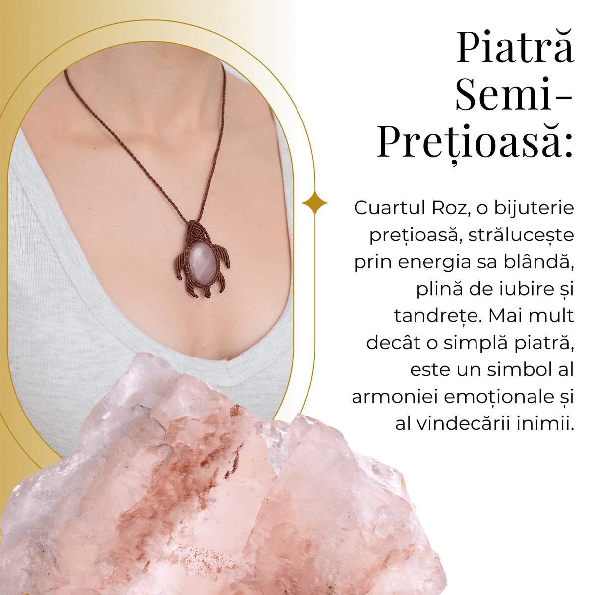 Colier Ajustabil Handmade cu Cristal de Cuart Roz in Broscuta Impletita – Lungime Maxima 45 cm