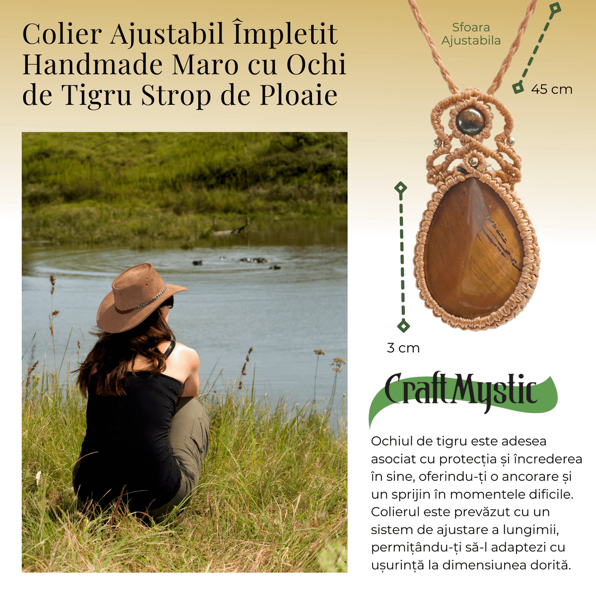 Colier Ajustabil Handmade cu Ochi de Tigru "Strop de Ploaie" – Maro, Lungime Maxima 45 cm