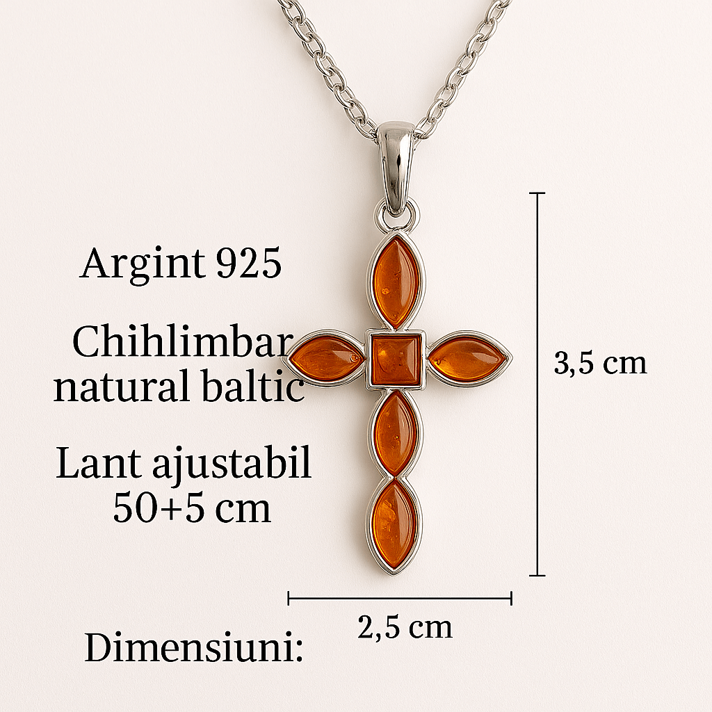 Colier cruce cu chihlimbar si montura argint 925 – Simbol sacru al puritatii si credintei