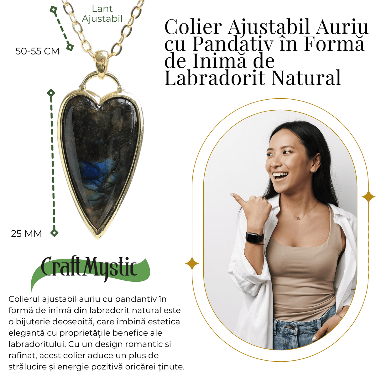 Colier Auriu Ajustabil cu Pandantiv Inima Labradorit Natural