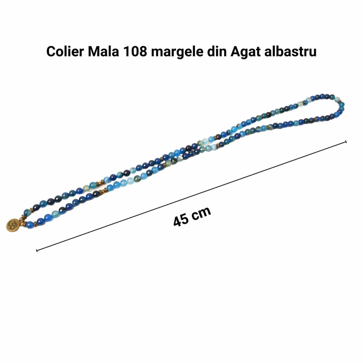 Dubla utilizare Bratara/Colier cu Simbolul Yoga si 108 de Margele Mala 8mm din Agat Albastru Accesoriu Spiritual pentru Meditatie si Bijuterie pentru Femei si Barbati