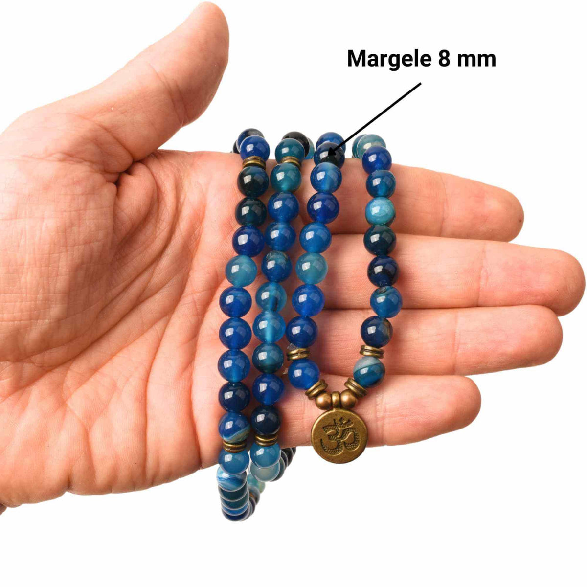 Dubla utilizare Bratara/Colier cu Simbolul Yoga si 108 de Margele Mala 8mm din Agat Albastru Accesoriu Spiritual pentru Meditatie si Bijuterie pentru Femei si Barbati