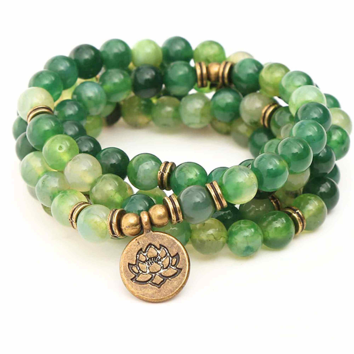 Dubla utilizare Bratara/Colier Mala din Agat Verde cu 108 Margele de 8mm Ajustabila si Elastica, cu Simbolul Lotus si Viata pentru Yoga